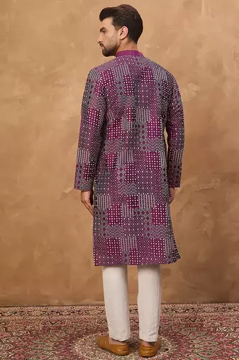 Men purple silk blend geometric printed straight kurta