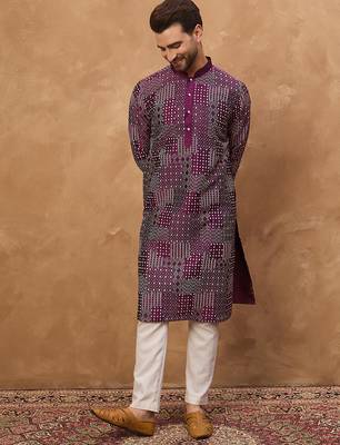 Men purple silk blend geometric printed straight kurta 5