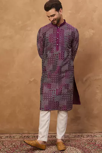 Men purple silk blend geometric printed straight kurta