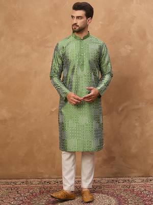 Men green silk blend geometric printed straight kurta 1