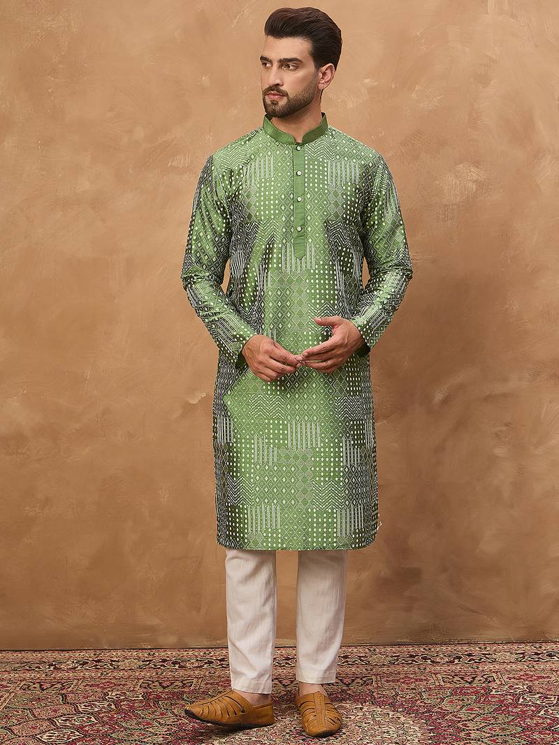 Men green silk blend geometric printed straight kurta