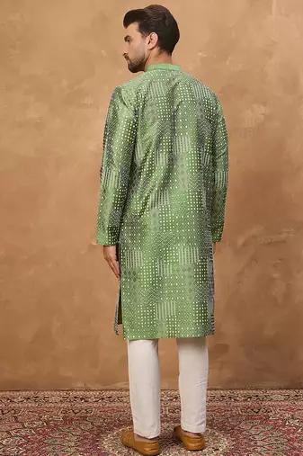 Men green silk blend geometric printed straight kurta