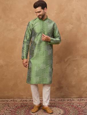 Men green silk blend geometric printed straight kurta 5