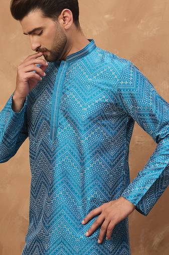 Men blue silk blend geometric printed straight kurta