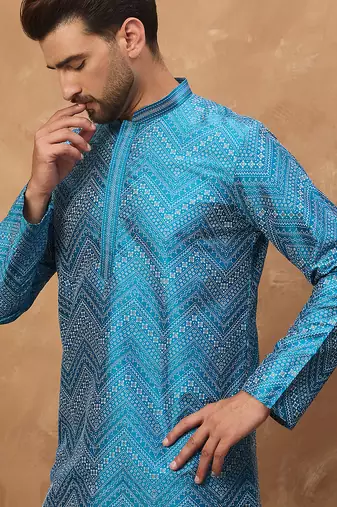 Men blue silk blend geometric printed straight kurta
