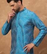 Men blue silk blend geometric printed straight kurta