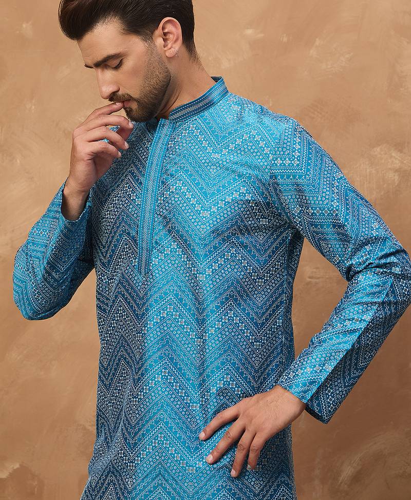 Men blue silk blend geometric printed straight kurta