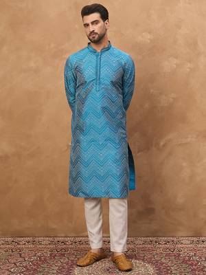 Men blue silk blend geometric printed straight kurta 2