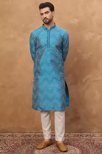 Men blue silk blend geometric printed straight kurta
