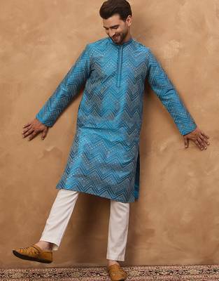 Men blue silk blend geometric printed straight kurta 3