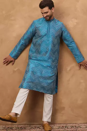 Men blue silk blend geometric printed straight kurta