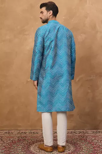 Men blue silk blend geometric printed straight kurta