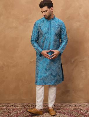 Men blue silk blend geometric printed straight kurta 5