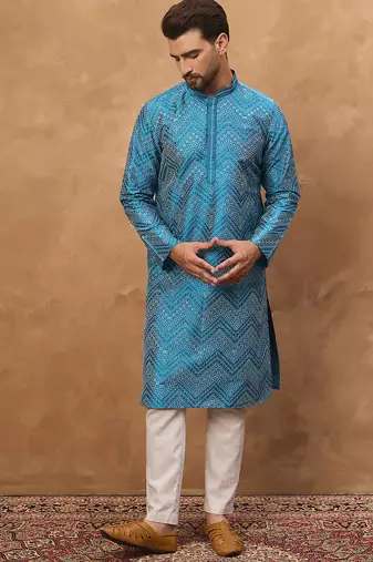 Men blue silk blend geometric printed straight kurta