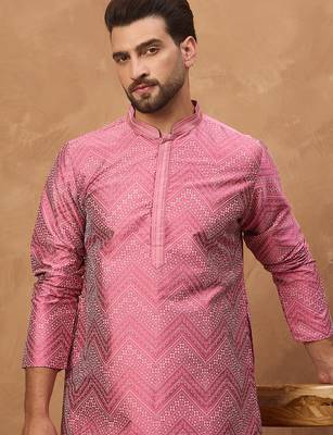 Men pink silk blend geometric printed straight kurta 1