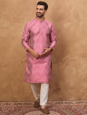 Men pink silk blend geometric printed straight kurta 2