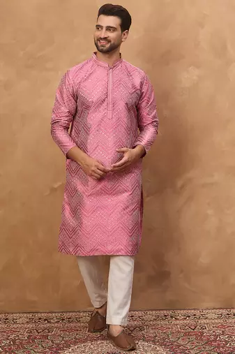 Men pink silk blend geometric printed straight kurta