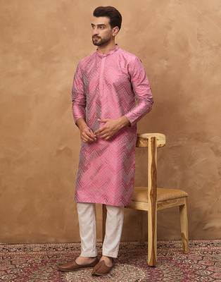 Men pink silk blend geometric printed straight kurta 3