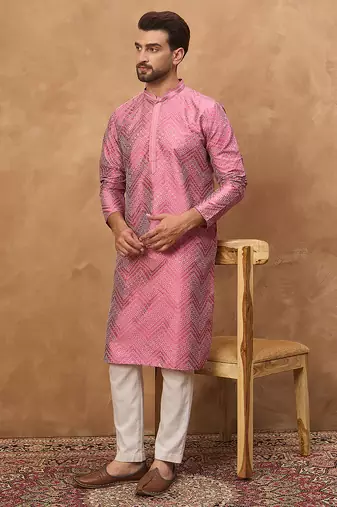 Men pink silk blend geometric printed straight kurta