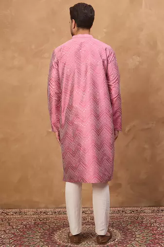 Men pink silk blend geometric printed straight kurta
