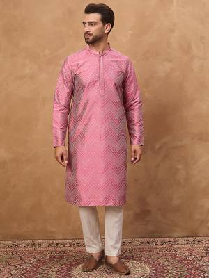 Men pink silk blend geometric printed straight kurta 5