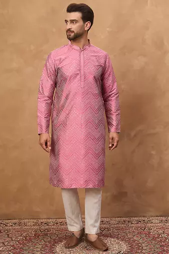 Men pink silk blend geometric printed straight kurta