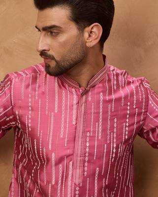 Men pink silk blend geometric printed straight kurta 1