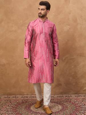 Men pink silk blend geometric printed straight kurta 2