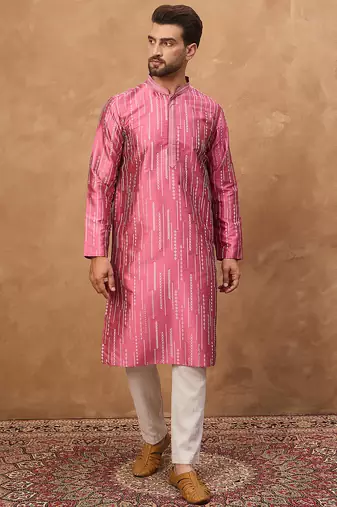 Men pink silk blend geometric printed straight kurta