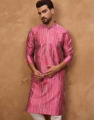 Men pink silk blend geometric printed straight kurta 3