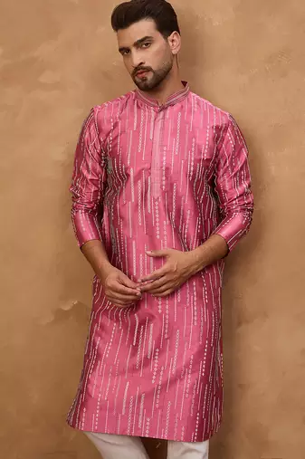 Men pink silk blend geometric printed straight kurta