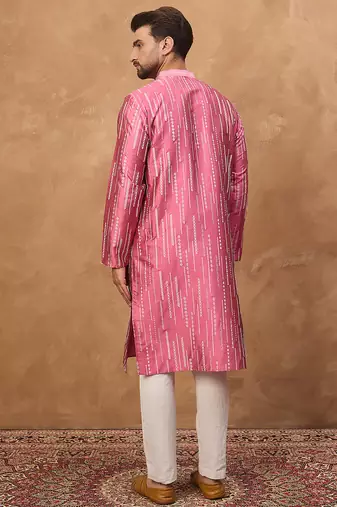 Men pink silk blend geometric printed straight kurta