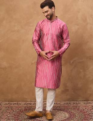 Men pink silk blend geometric printed straight kurta 5