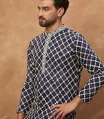 Men blue viscose rayon shibori embroidered straight kurta