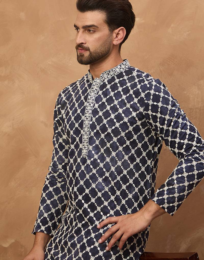 Men blue viscose rayon shibori embroidered straight kurta