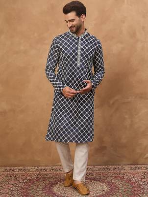 Men blue viscose rayon shibori embroidered straight kurta 2