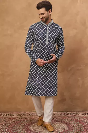 Men blue viscose rayon shibori embroidered straight kurta