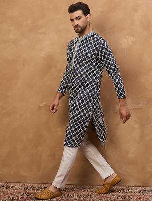 Men blue viscose rayon shibori embroidered straight kurta 3