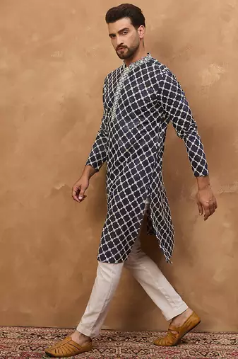 Men blue viscose rayon shibori embroidered straight kurta