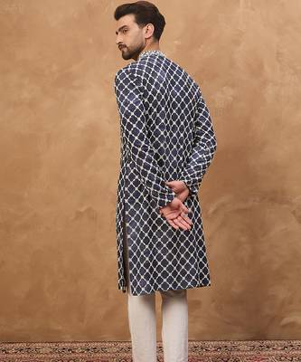 Men blue viscose rayon shibori embroidered straight kurta 4
