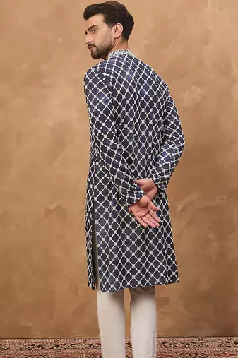 Men blue viscose rayon shibori embroidered straight kurta