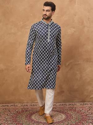 Men blue viscose rayon shibori embroidered straight kurta 5