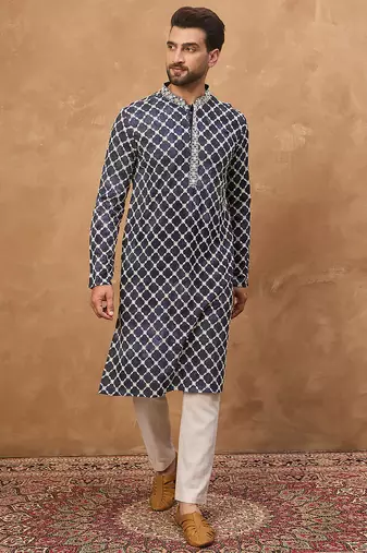 Men blue viscose rayon shibori embroidered straight kurta