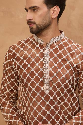 Men brown viscose rayon solid embroidered straight kurta