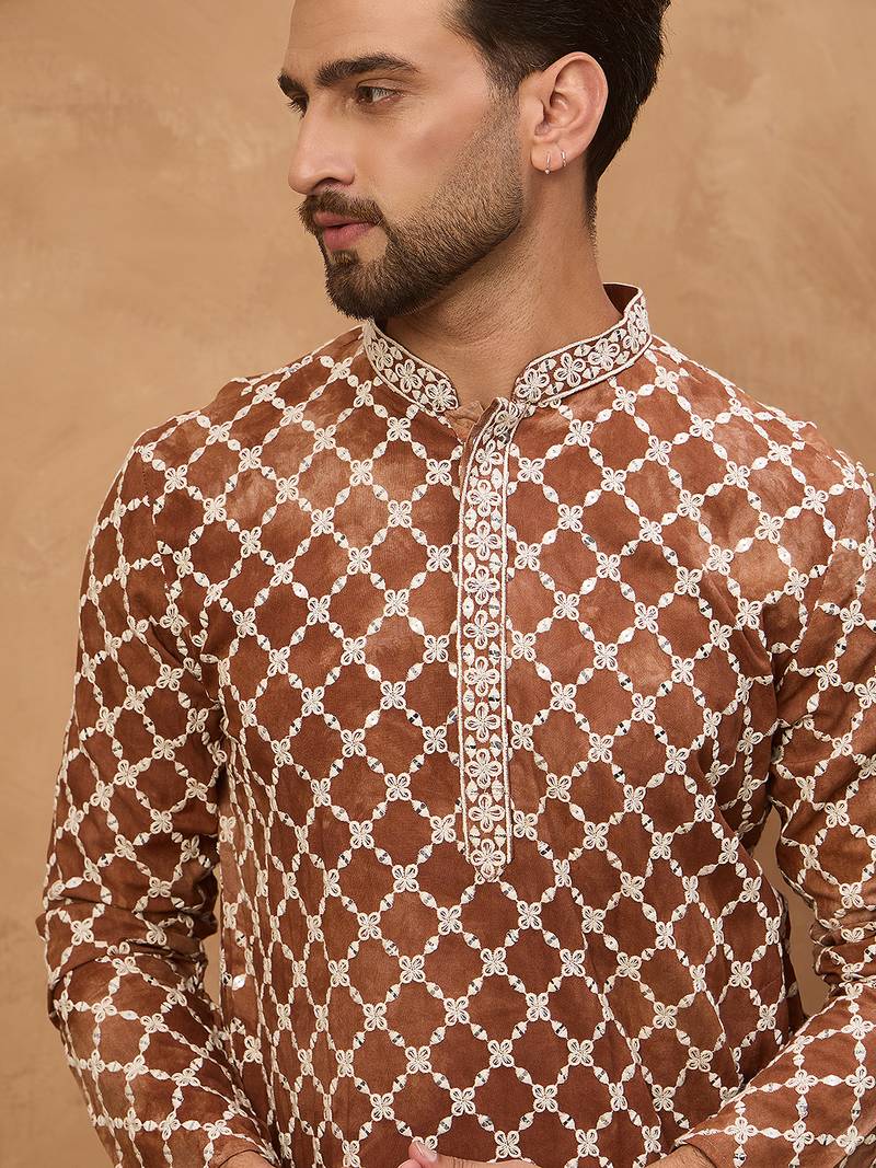 Men brown viscose rayon solid embroidered straight kurta