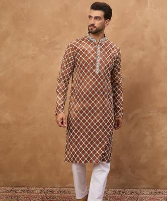 Men brown viscose rayon solid embroidered straight kurta 2