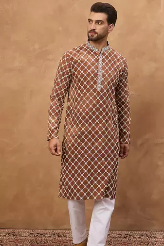Men brown viscose rayon solid embroidered straight kurta