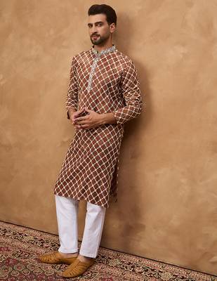 Men brown viscose rayon solid embroidered straight kurta 3