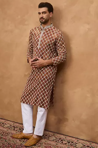 Men brown viscose rayon solid embroidered straight kurta