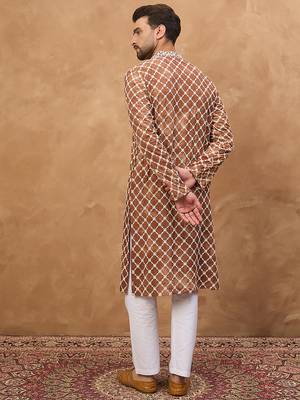 Men brown viscose rayon solid embroidered straight kurta 4